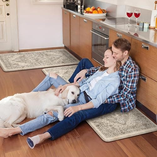 KIMODE Anti Fatigue Kitchen Mats 2 PCS 17"x47"+17"x29", Boho Kitchen Rugs and Mats, Non Slip Cushioned Kitchen Mats for Floor, Waterproof Kitchen Floor Mats for Laundry, Office, Sink, Khaki - 17.3" x 47"+17.3" x 29"--0.47 inches - Khaki/Multi thumbnail 8