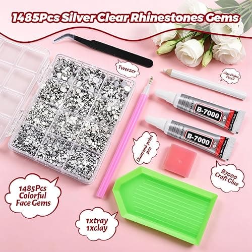 THARAHT 1485pcs Silver Resin Jelly Flatback Crystal Rhinestones 3-6mm With 2pcs 10mm Glue and for Clothing Shoes Nails DIY Art and Craft Decoration kit thumbnail 3