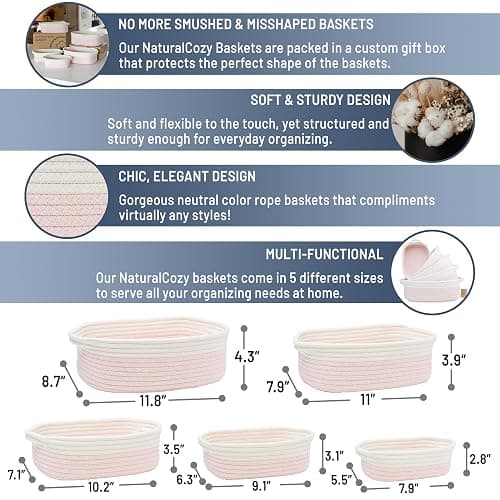 NaturalCozy 5-Piece Rectangle Storage Basket Set- Natural Cotton Rope Woven Baskets for Organizing! Small Basket for Montessori, Baby Nursery, Dog Toy Baskets, Cat Toy Box, Bathroom Organization Bin thumbnail 3