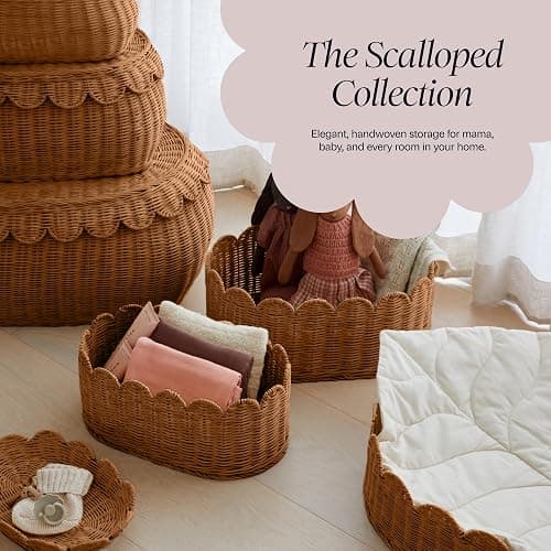 BEBE BASK Premium Scalloped Basket Set Of 2 - Scallop Basket - 16 x 10 x 7 Inch - Hand-Woven Elegant Wicker With Scalloped Edge - Nursery Storage (Mocca) thumbnail 9