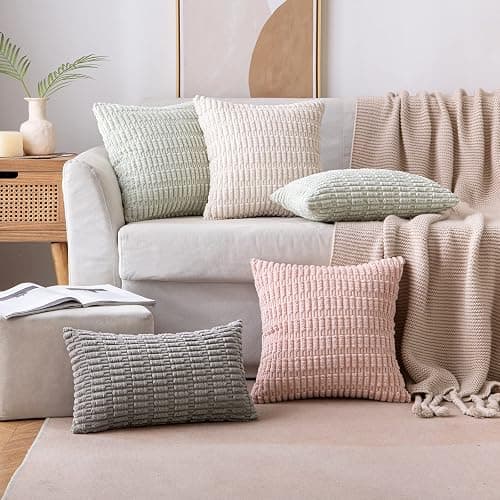 MIULEE Pack of 2 Corduroy Decorative Throw Pillow Covers 18x18 Inch Soft Boho Striped Pillow Covers Modern Farmhouse Home Decor for Sofa Living Room Couch Bed Cream White thumbnail 3