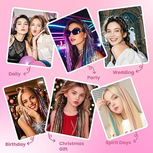 NIACONN Glitter Hair Tinsel Extensions Kit 18 Colors with Tools and Beads, 48 Inch Sparkly Fairy Colorful Tensile Strands Shiny Hair Accessories for Women Girls Kids thumbnail 7
