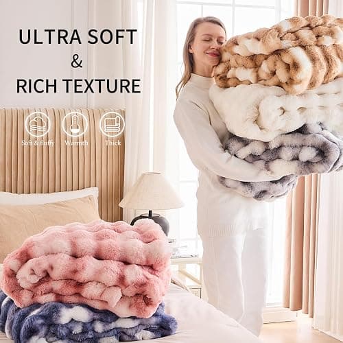 IKALIFE Cozy Faux Fur Throw Blanket for Couch-Warm Fuzzy Throw Blanket, Soft Plush Thick Bubble Blankets for Bedroom and Living Room, Furry Luxury Blanket, 50 x 60, Cream thumbnail 4
