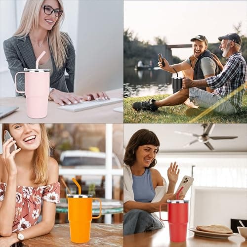 Sursip 24 oz Insulated Cup with Handle, Double Wall Vacuum Stainless Steel Tumbler with Straw and 2 Lids, For Cold/Hot Drinks, Coffee Travel Mug for Car/Home/Office/Party/Camping (Pink-1 Pack) thumbnail 5