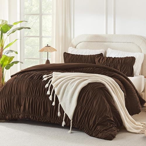 Andency Ruched Brown Full Size Comforter Sets, Shabby Chic Pleatd Bedding Sets 3 Pieces, Lightweight Soft Boho Ruffle Bed Set for Girls, Kids, Women, All Season - Image 1