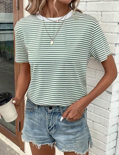Dsewpaur Women Casual Striped Print Short Sleeve T Shirts Crew Neck Loose Fit Going Out Tee Tops Summer 2026 Clothes thumbnail 4