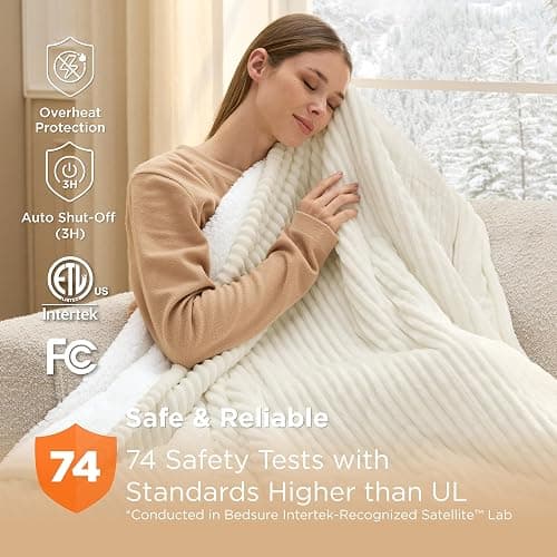 Bedsure GentleSoft Heated Blanket Electric Throw - Soft Ribbed Flannel Electric Blanket, Heating with 4 Time Settings, 6 Heat Settings, and 3 hrs Timer Auto Shut Off (50x60 inches, Coconut White) thumbnail 5