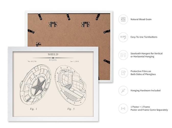 Poster Master Captain's Shield Blueprint Poster - Superhero Patent Print - Shield Artwork - Comic Book Artwork - Superhero Art - Defense Design - Great Playroom or Kids Room Decor - 8x10 White Framed thumbnail 2
