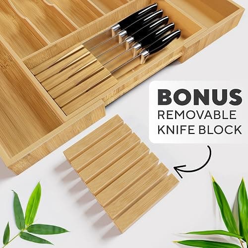 Premium Expandable Kitchen Drawer Organizer - 100% Bamboo Organizer Tray - Great for Silverware, Large Utensils, Flatware, Cutlery - 8 Compartments with Knife Block - Perfectly Fits Your Drawers thumbnail 5