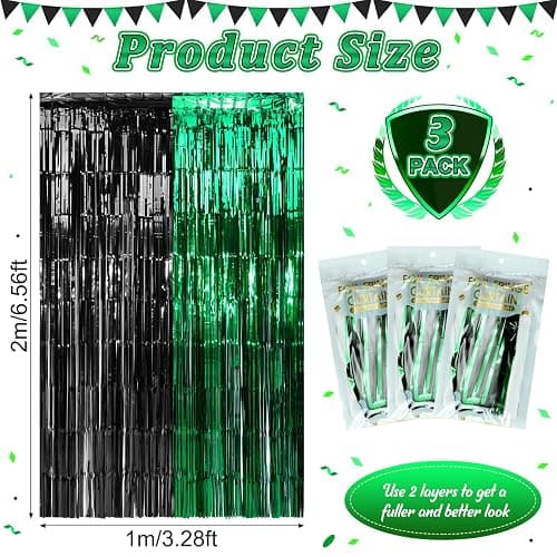 3Pack 3.3Ft x 6.6Ft Graduation Foil Fringe Curtain Backdrop Decorations, Green Black Metallic Tinsel Foil Streamers Curtain Photo Booth Background for Graduation Prom Wedding Birthday Party Decoration thumbnail 3