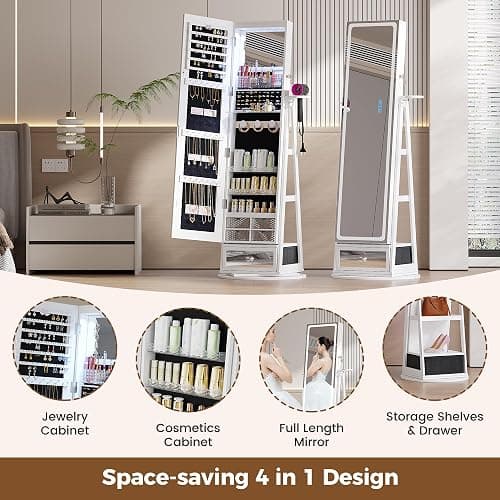 HWB Jewelry Cabinet with LED Mirror, 360° Swivel & Remote Control, White | Remote-controlled RGB LED Lighting, Spacious Storage with Shelves and Drawer thumbnail 4