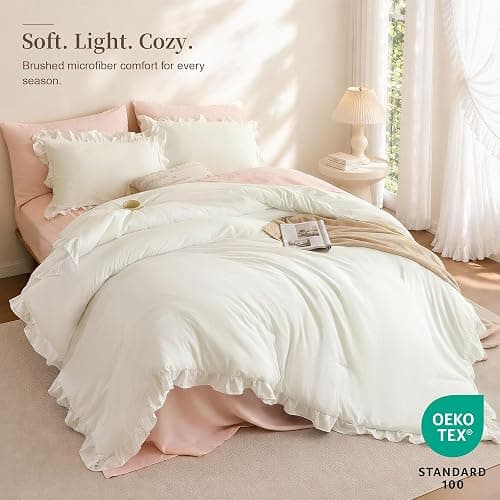 JANZAA Cream White Comforter Set Full, Ruffle Soft Bedding | microfiber bed set with 2 pillow sham ruffle design lightweight warmth breathable bedding machine washable thumbnail 2