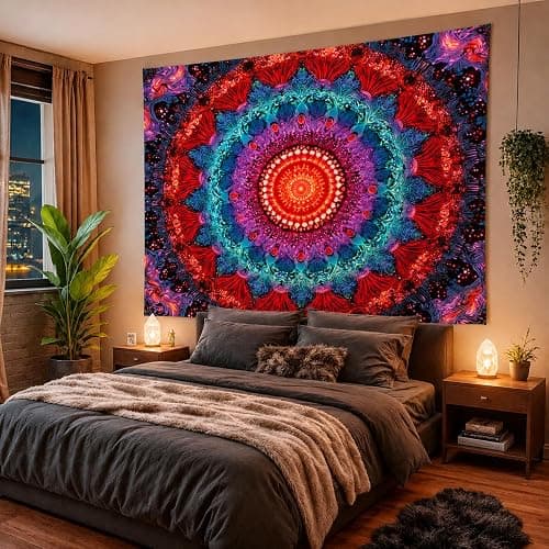 Manicer Blacklight Mandala Tapestry - UV Reactive Bohemian Red Blue Purple Floral Colorful Wall Hanging, Glow in the Dark Aesthetic Boho Wall Art Decor for Bedroom, Living Room, Dorm - 51.2" x 59.1" thumbnail 3