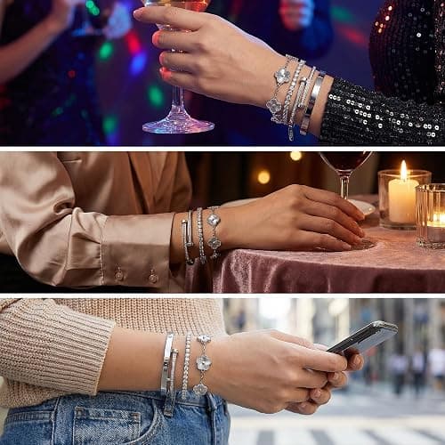 Camhanno Silver Bracelets for Women-4Pcs 18K Gold Plated Love Bangle Tennis Clover Nail Bracelets Stack Set for Women Trendy Non Tarnish Stainless Steel Gold Bangles Accessories Designer Jewelry thumbnail 7
