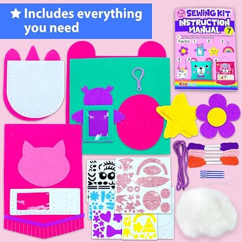 KRAFUN My First Sewing Kit for Beginner Kids Arts & Crafts, 7 Easy DIY Projects of Stuffed Animal Dolls and Plush Pillow Craft, Instructions & Felt, Gift for Girls, Boys, Learn to Sew, Embroidery thumbnail 3