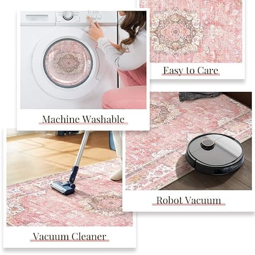 Castage 8'x10' Area Rugs Washable,Pink Rug for Living Room Bedroom Dining Room,Large Boho Vintage Bohemian Distressed Oriental Carpet Non Slip,Blush Floral Flowers thumbnail 5