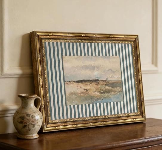 Vintage Gold Framed Beach Landscape Canvas Wall Art Blue Striped Mat Grass Lake Wall Decor Picture Rustic Scenery Painting Print Poster for Living Room Bedroom Bathroom Home Decoration thumbnail 5