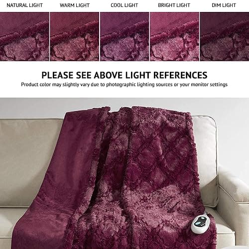 Beautyrest Long Brushed Faux Fur Ogee Textured Design Electric Blanket, Auto Shut Off, Virtually Zero EMF, Multi Heat Setting, UL Certified, Machine Washable, Burgundy Throw 50x60 thumbnail 2