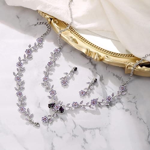 BriLove Women's Wedding Jewelry Leaf Cluster Flower Crystal Dangle Earrings Pendant Necklace Set for Bridal thumbnail 5