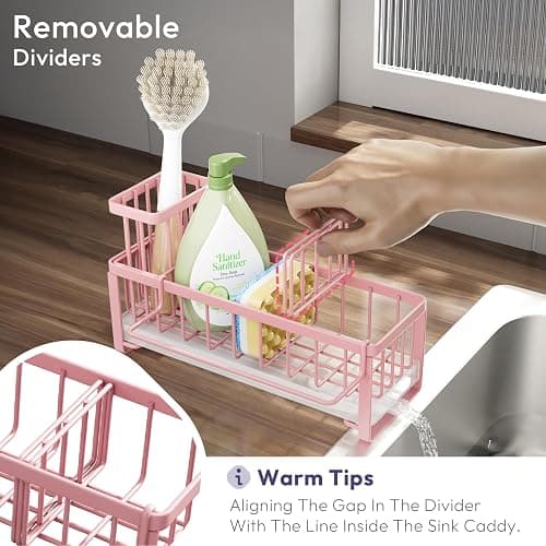 SWTYMIKI Sponge Holder for Kitchen Sink - Sink Caddy with Brush Holder Self-draining Sponge Caddy Organizer with Divider Stainless Steel Kitchen Accessories Storage for Countertop, Pink thumbnail 5