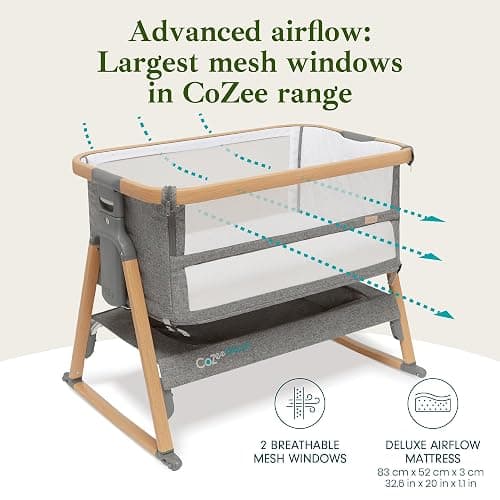Tutti Bambini CoZee® Breeze PLUS - Extra Breathable Next To Me Crib & Standalone Baby Cot with Larger Mesh Side Windows, Easy Fold, with Mattress (0-6 months) - Oak/Charcoal thumbnail 4