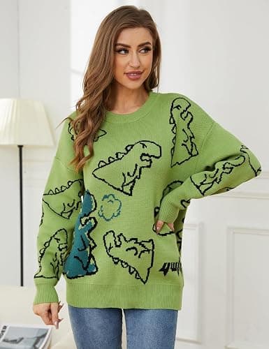 VDWIP Women's Dinosaur Sweater Vintage Oversized Sweater Y2K Graphic Knit Pullover Sweater Unisex Casual Cute Kawaii Tops thumbnail 3