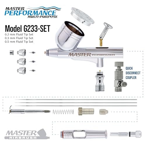 Master Airbrush G233 Performance Pro Airbrush Kit with 3 Nozzle Sets (0.2, 0.3 & 0.5mm Needles, Fluid Tips & Air Caps), Gravity Dual Action - Air Brush Guns for Painting, Aerografo Body Art & Cake thumbnail 3