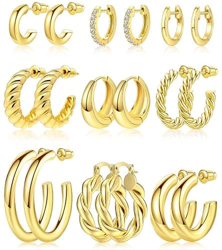 Adoyi 9 Pairs Gold Hoop Earrings Set for Womens Twisted Huggie Hoops Earrings 14K 18K Gold Plated for Girls Valentines Mother's Day Birthday Gifts Lightweight - Image 1