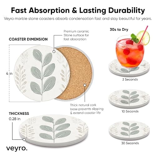 VEYRO Ceramic Coasters Set of 6 – Absorbent Stone Drink Coasters with Holder, Non-Slip Cork Backing, Modern Marble Look Coasters for Coffee Table, Desk & Home Decor thumbnail 5