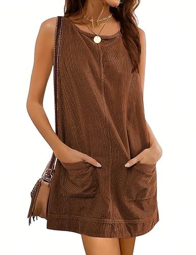 Hooever Women's Corduroy Overall Dress Round Neck A Line Skirtall Jumper Mini Dress Pinafore with Pockets - Image 1