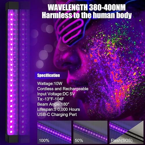 Elwoks Rechargeable Black Light Bar 10W 1FT, Battery Powered LED Blacklight for Glow Party Body Paint Halloween UV Strip Lights for Cabinet and Display Magnetic 2 Pack thumbnail 5
