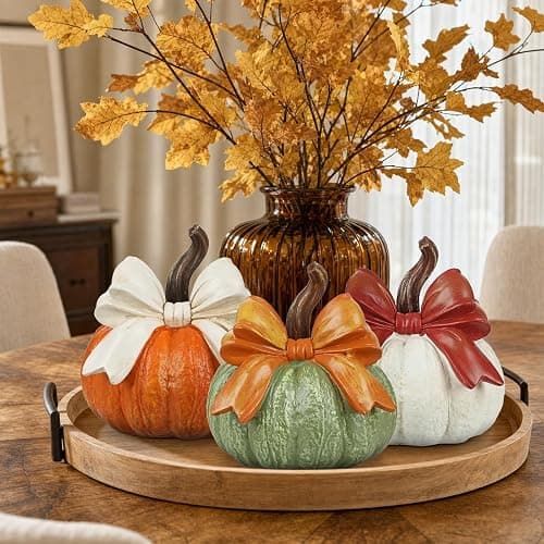 Set of 3 Fall Decorations for Home, Artificial Resin Pumpkin with Bow Decor | Fall Harvest Decorative Rustic Pumpkins Statues Indoor Outdoor Halloween Table Centerpiece Thanksgiving Home Decor thumbnail 2