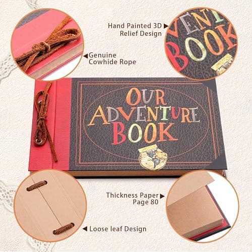 Our Adventure Book Scrapbook Album 11.9 X 7.6 Inch 80pages,3d Retro Embossed Letter Hard Cover Movie Up,Memory Book For Couples,DIY Album for Anniversary,Wedding,Travelling,Friends,Family,Couple Gifts thumbnail 4