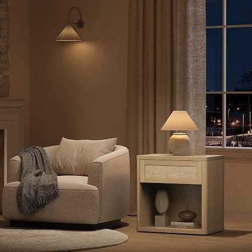 SICOTAS Night Stand Set of 2 26" Wide Large Nightstands with Drawer & Shelf Storage Rattan Bedside Table Boho End Table Tall Bed Side Tables Night Stands for Bedroom Living Room Sofa Office, Sand Oak thumbnail 9