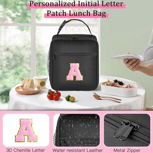 Initial Insulated Lunch Bag, Lunch Box with Initial Letter Patch for Teen Adult, Reusable Lunch Bag for Men Women, Ideal Back to School Gift Back to School Gift Birthday Gift, Pink A thumbnail 4