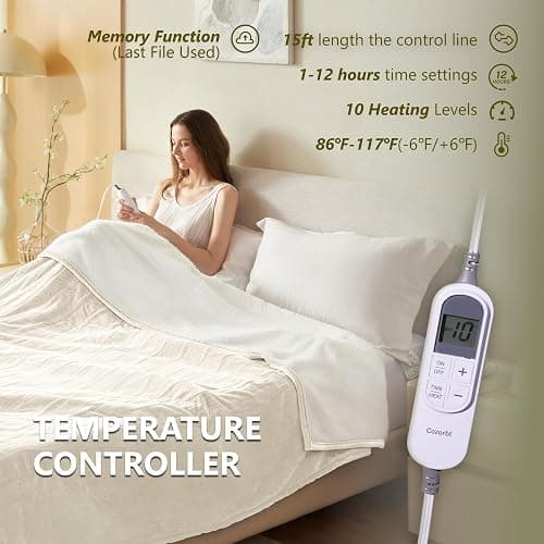 ⭐️Cozorbt Heat Blanket 62”x84” Twin Size,Soft Flannel & Sherpa Reversible Electric Blanket with 10 Heat Settings,12 Timer Setting and 8 Hours Auto-Shut Off,ETL Certified Machine Washable,Ivory thumbnail 5