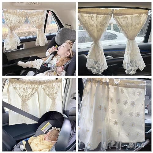 Nawwgy Embroidery Flower Car Window Covers Auto Cotton Vehicle Window Drapes Privacy & Resistant ins Embroidered Chrysanthemum lace Double car Curtains thumbnail 3