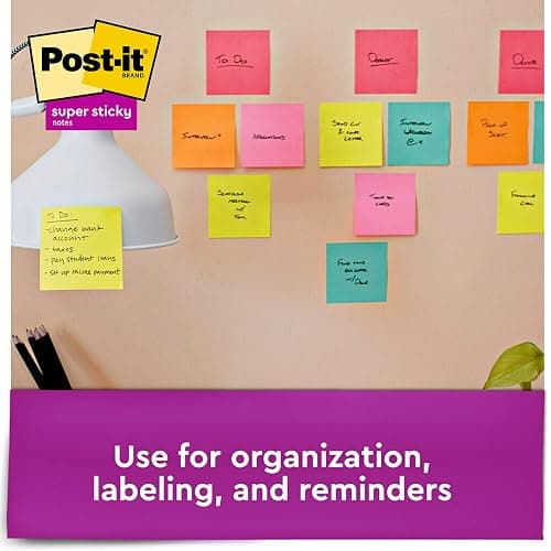 Post-it Super Sticky Notes, Assorted Bright Colors, 3x3 in, 15 Pads/Pack, 45 Sheets/Pad, 2X The Sticking Power, Recyclable, Multi-Color thumbnail 5