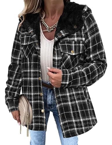 Zeagoo Womens Plaid Shacket Jacket Long Sleeve Fleece Hooded Jackets Fall Winter Warm Coat S-2XL - Image 1