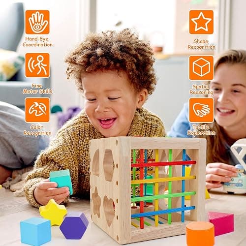 HELLOWOOD Montessori Toys for 1+ Year Old, Wooden Sorter Cube with 8pcs Rattling Shapes, Developmental Learning Toy Gifts for Baby Toddler Boys Girls, Gift Packaging thumbnail 5