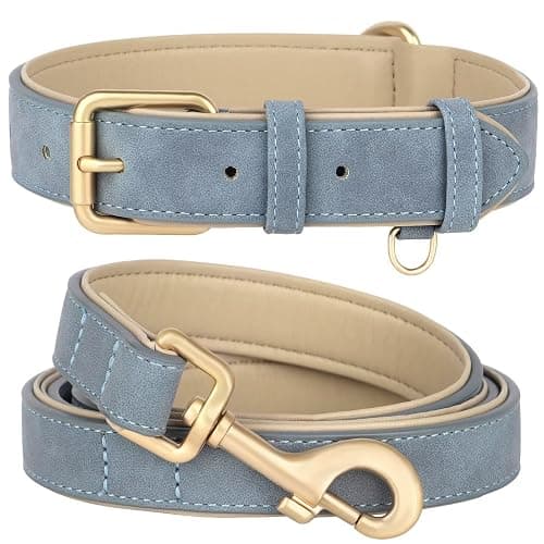 Beirui Soft Padded PU Leather Dog Collar and Leash Set, Durable Dog Leash and Collar Set with Metal Buckle, Breathable Pet Collars with 4FT Leash for Large Dogs(Blue, Neck 16-21") - Image 1