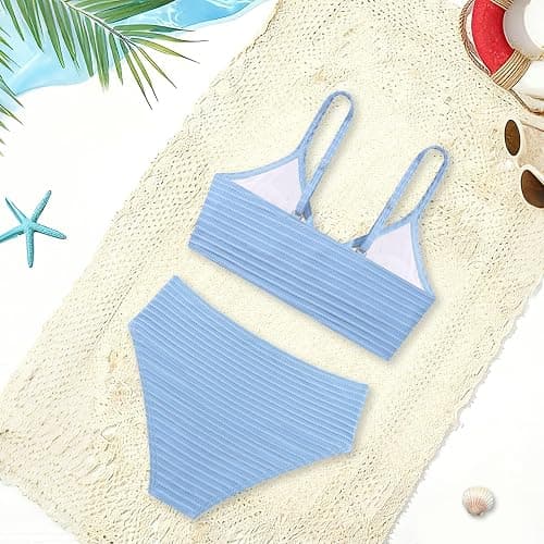 Luckrizyy Girls Swimsuit 2 Piece Bikini Sets V Neck High Waisted Textured Ruched Solid Chest Padded Beach Bathing Suits 7-16Y thumbnail 6