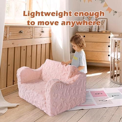 KokoSelene Toddler Chair,  2-in-1 Soft Toddler Couch Fold Out, Convertible Kid Sofa to Lounger, Comfy Kids Couch for Girls and Boys (Pink) - Pink thumbnail 5