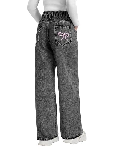 Fulihug Girls Wide Leg Jeans Baggy Bow Embroidery High Elastic Waist Denim Pants Cute Y2K Trendy Tween Streetwear 8-16Y - Image 1