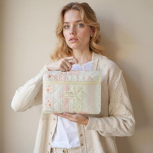 ⭐️HBselect Quilted Makeup Bag, 3Pcs Cotton Large Travel Makeup Bags Organizer | Cute Floral Make up Bag Cosmetic Bag Toiletry Bag for Women Girls, Makeup Pouch for Skincare, Brushes & Travel Essentials thumbnail 7