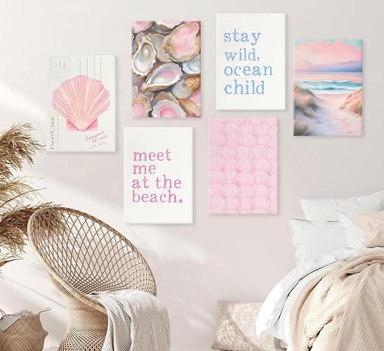 Pink Beach Preppy Canvas Wall art Coastal Granddaughter Aesthetic Room Painting Picture Wall Decor Shells Oyster Poster Print Artwork for Girls Room Girls Dorm Home Decoration thumbnail 9