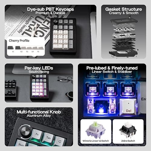 EPOMAKER EK21 VIA Gasket Number Pad with 1000mAh Battery, BT 5.0/2.4GHz/Wired Hot-Swap Numpad with Aluminum Alloy knob, Programmable for Win/Mac/Gaming (Black Silver, Wisteria V2 Switch) thumbnail 5