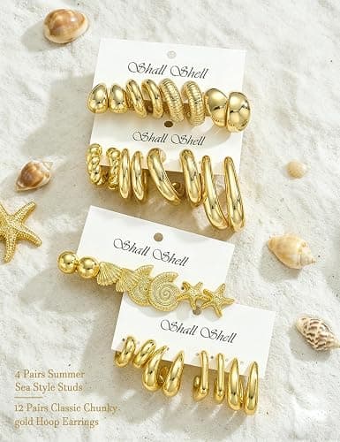 16 Pairs Starfish Chunky Gold Hoop Earrings Set for Women, Beach Shell Style Stack Statement Earrings, Hypoallergenic Lightweight Gold Plated Trendy Summer Jewelry Gift thumbnail 6
