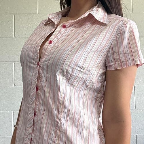 Qiicvs Womens Button Down Shirts Y2k Striped Short Sleeve Tight Blouse Casual V Neck Aesthetics Clothes thumbnail 3