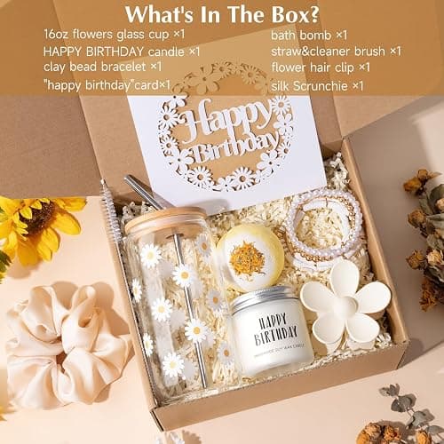 isolune Birthday Gifts For Women, Teen Girl, Her - Gift Baskets with Cute Daisy Aesthetic Glass Cups Gift Set 7pcs - Perfect for Girl, Sister, Daughter, Friends thumbnail 3